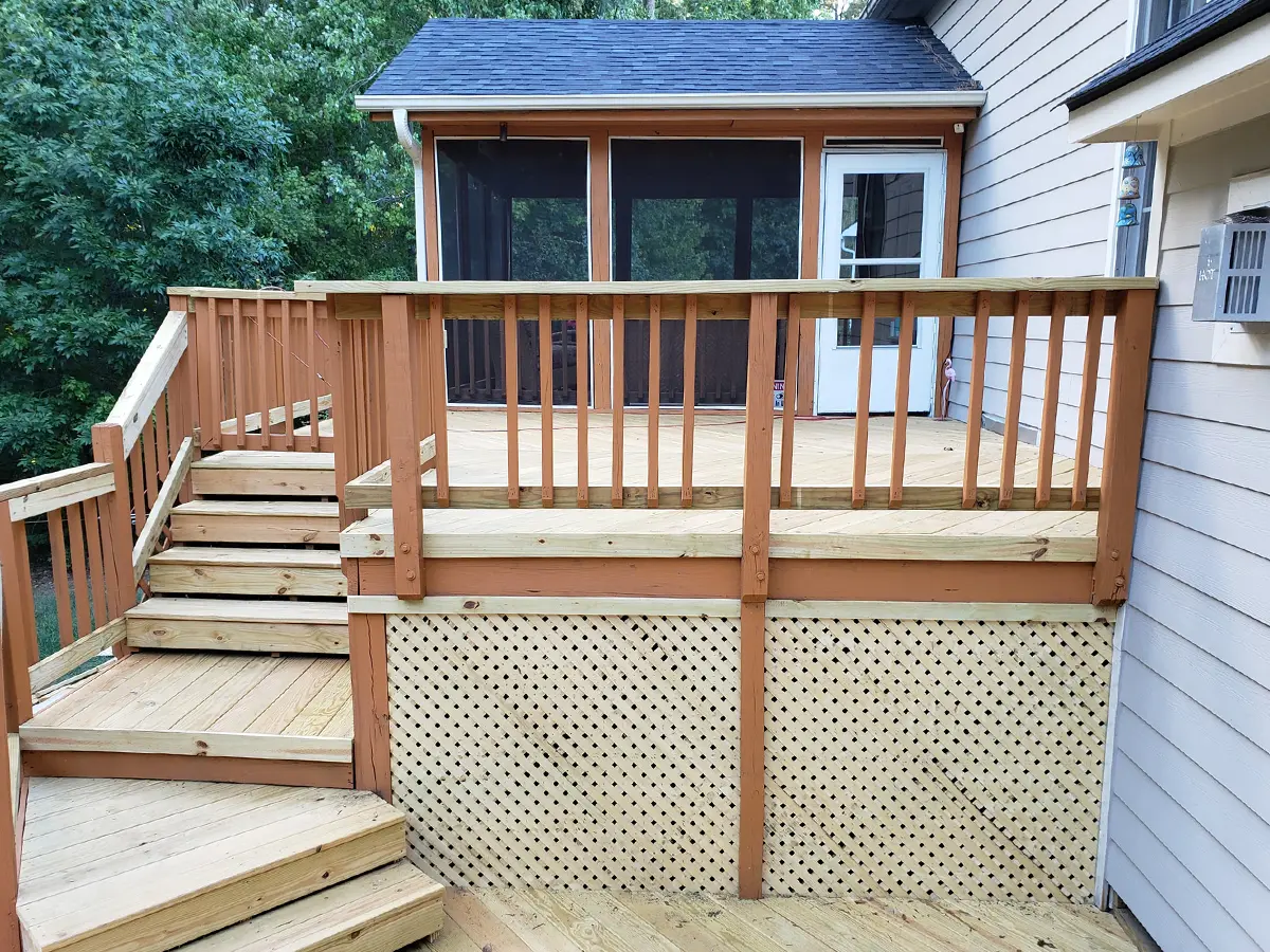 A beautiful wood deck with reinforced railings