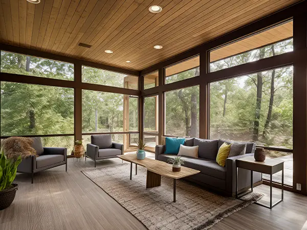 A screened-in porch with luxury vinyl plank flooring