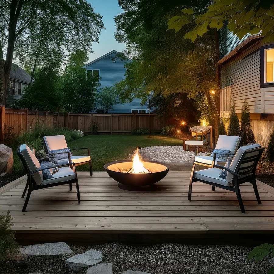 A small wood deck on ground level with 4 chairs and a round fireplace