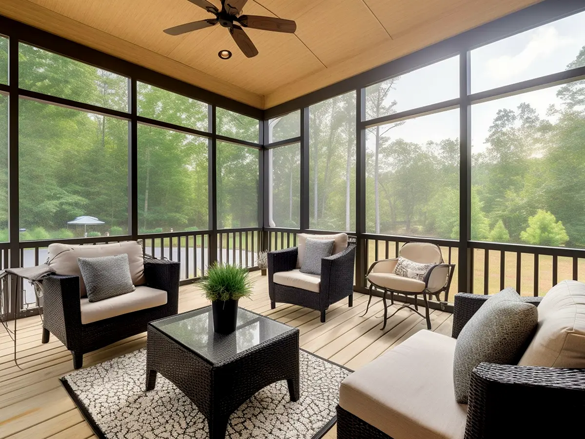 A screened-in porch with beige composite decking
