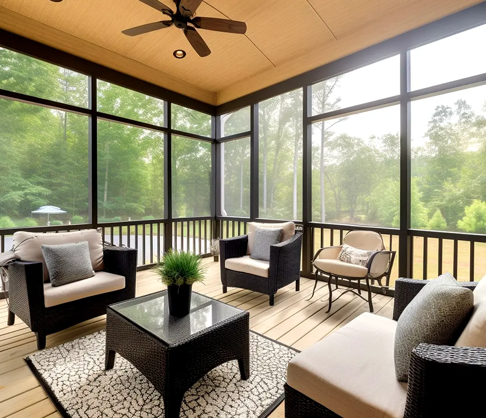 A screened-in porch with beige decking and plastic outdoor furniture