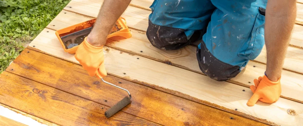 A contractor kneeling on a wooden surface while using a small paint roller to apply an amber-colored oil for deck sealing and moisture protection.