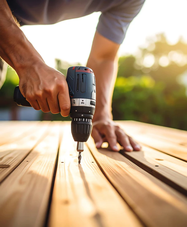 Close-up of a power drill being used by deck repair companies in Chapel Hill, NC, to secure timber planks on a custom outdoor deck.