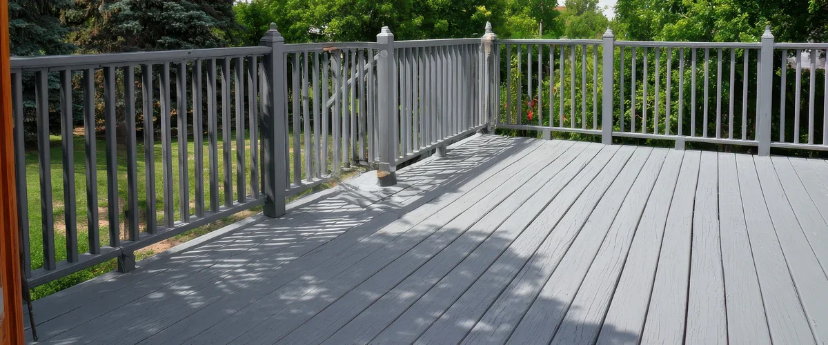 A spacious outdoor wooden residential deck recently painted in a modern solid grey finish, featuring a matching railing system overlooking a lush green backyard with trees.