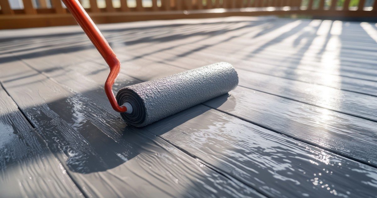 A person using a long-handle paint roller to apply a fresh protective coat while sealing a deck outdoors.