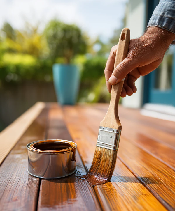 A professional from one of the top deck staining companies in Durham, NC, applying a rich mahogany stain to a backyard wooden deck with a brush.