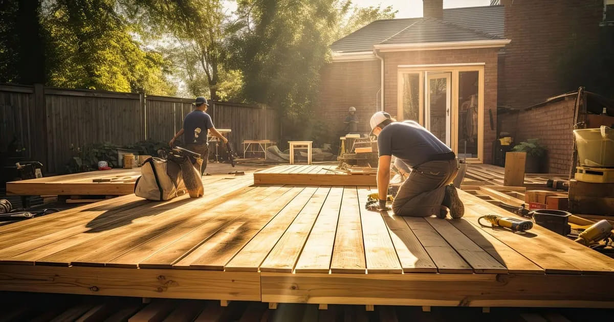 Two professional contractors installing new wooden planks during a residential deck replacement project in a sunny backyard.