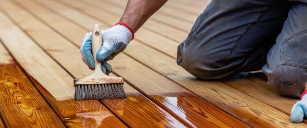 A close-up view of a person wearing protective gloves using a thick hand brush to apply a transparent protective sealant to a light wood deck.