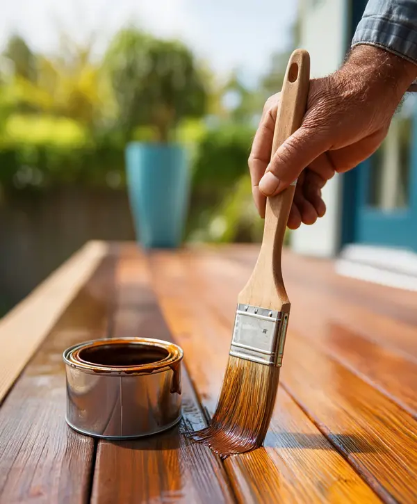 A person using a high-quality brush to apply a rich mahogany finish, representing top-rated deck painting companies in Chapel Hill, NC.