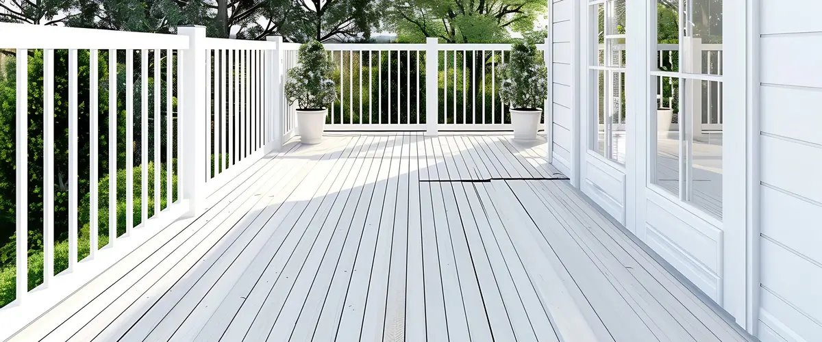 A bright and clean outdoor residential wooden deck with fresh white painting on the floor boards and railings surrounded by lush green trees.