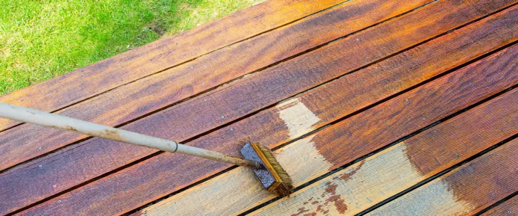 Using a long-handled applicator brush to spread a protective sealing liquid over weathered timber boards to restore the natural wood grain.