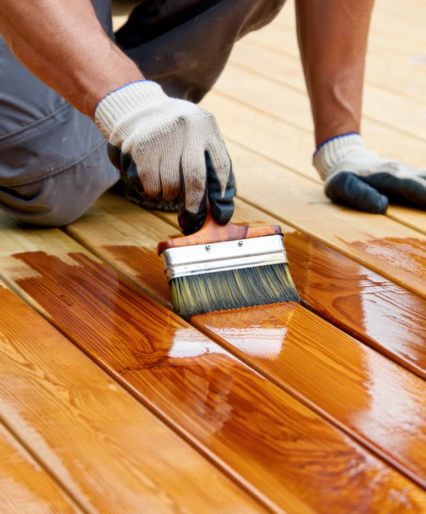 A professional contractor wearing gloves uses a wide brush to apply a glossy protective stain to wooden planks, representing the high-quality services of deck painting companies in Durham, NC.