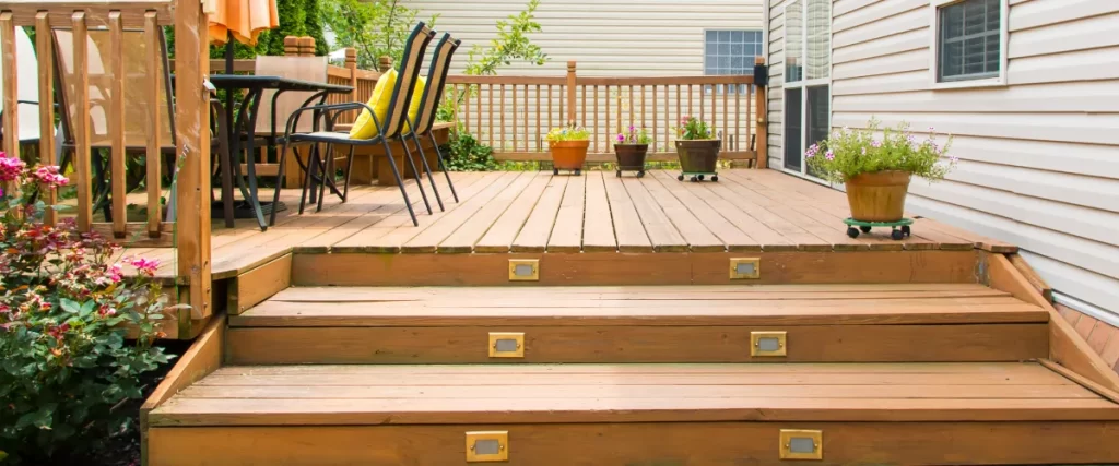 Backyard wooden deck floor boards